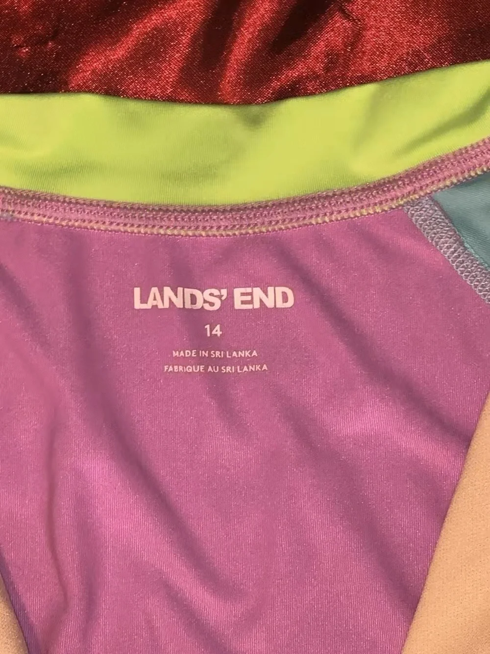 Lands' End Girls' Colorblock One-Piece Rash Guard in Purple, Coral & Aqua